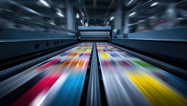Sheets of vibrant color blur through a high speed industrial printing press creating a dynamic and energetic visual effect.