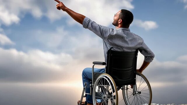 Man in wheelchair enjoys outdoor view and celebrates personal achievement at sunset near rocky terrain