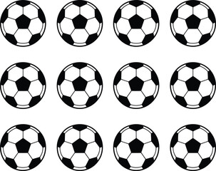 Collection of twelve black and white soccer balls arranged in three rows