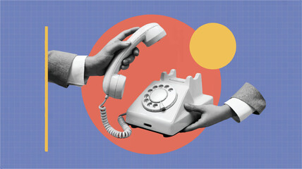 Two hands exchanging a vintage rotary telephone receiver and base on a blue grid background with red and yellow circles