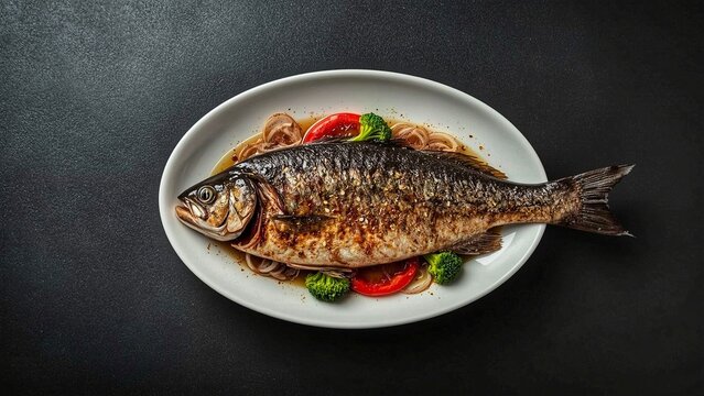 Whole Grilled Fish in Soy-Based Sauce with Broccoli and Tomato Garnish &ndash; Top View on White Oval Plate
