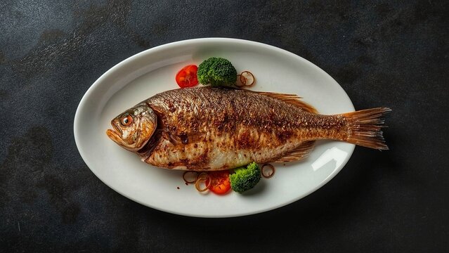 Whole Grilled Fish in Soy-Based Sauce with Broccoli and Tomato Garnish &ndash; Top View on White Oval Plate