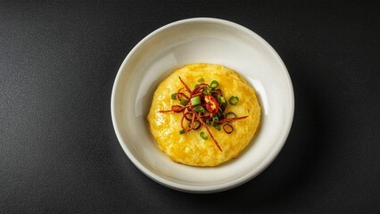 Golden Omelette with Sautéed Shallots and Fresh Scallions on White Plate – Minimalist Top View Food Photography