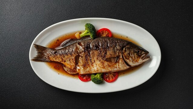 Whole Grilled Fish in Soy-Based Sauce with Broccoli and Tomato Garnish &ndash; Top View on White Oval Plate