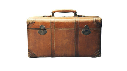 Vintage leather suitcase on a plain background highlighting its craftsmanship and aged texture with a classic design recalling travel adventures on transparent background