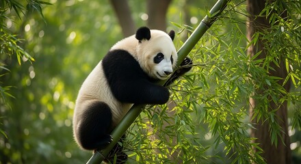 Fototapeta premium Panda resting on a bamboo stalk in a lush forest.