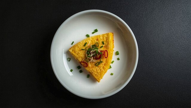 Golden Omelette with Saut&eacute;ed Shallots and Fresh Scallions on White Plate &ndash; Minimalist Top View Food Photography
