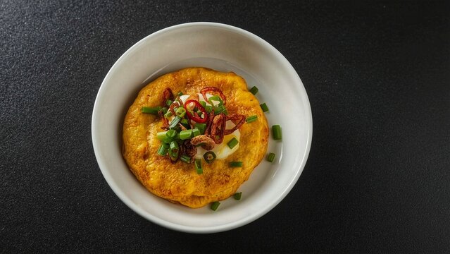 Golden Omelette with Saut&eacute;ed Shallots and Fresh Scallions on White Plate &ndash; Minimalist Top View Food Photography