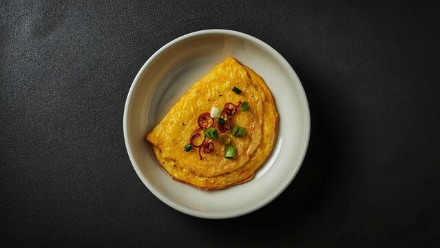 Golden Omelette with Saut&eacute;ed Shallots and Fresh Scallions on White Plate &ndash; Minimalist Top View Food Photography