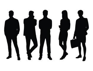 Vector silhouettes of men and a women, a group of standing business people