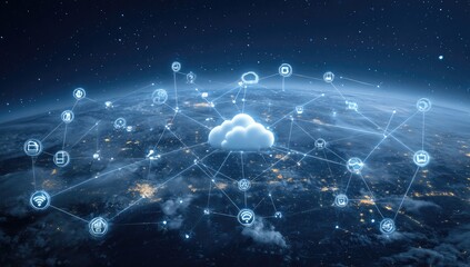 Global cloud computing network.  A network of interconnected icons representing cloud services overlays a globe,  illuminating the earth's cities