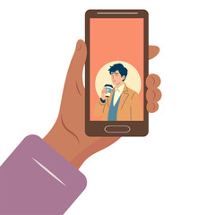 Hand holding phone with video call showing man drinking coffee. Flat color illustration