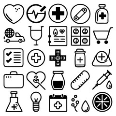 Medical Icons Set: Collection of Healthcare Symbols Including Hospital, Doctor, Stethoscope, Medicine, First Aid, Ambulance, Heartbeat, and Health Tools for Digital and Print Use


