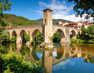 Fototapeta premium Picturesque stone bridge over a calm river, reflecting the sky and surrounding buildings