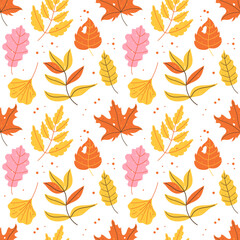 Autumn seamless pattern with flat leaves on a white background
