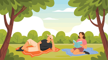 Two people relaxing outdoors on grassy field under sunny sky, reading and resting on blankets in peaceful nature with trees and calm atmosphere