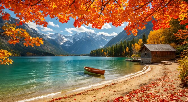 Idyllic autumn getaway with a wooden cabin and boat on a serene alpine lake surrounded by snow-capped mountains.