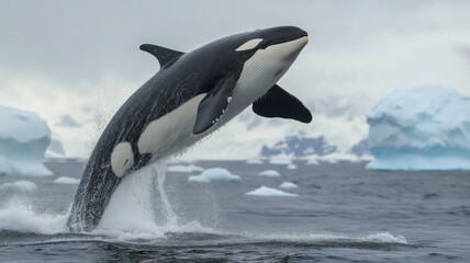 Fototapeta premium An orca leaps from the ocean surface, showcasing its strength amidst icy surroundings.
