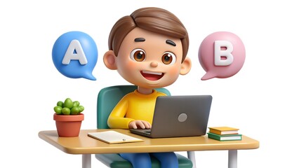 3D cartoon boy sitting at a desk with a laptop, books, and notes, learning or studying with speech bubbles showing A and B.