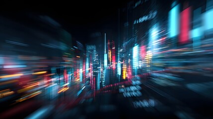 Abstract, futuristic visualization of a smart city or financial data hub with glowing stock market charts and light streaks
