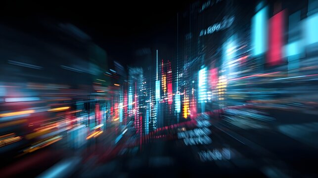 Abstract, futuristic visualization of a smart city or financial data hub with glowing stock market charts and light streaks
 - Powered by Adobe