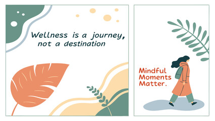 Two wellness themed images featuring abstract shapes, leaves and motivational quotes on white backgrounds