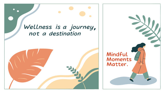 Two wellness themed images featuring abstract shapes, leaves and motivational quotes on white backgrounds