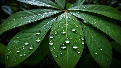 Macro Shot of Glistening Rainforest Leaves with Dew Drops
