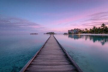 Fototapeta premium Serene wooden pier extending into tranquil water at sunrise