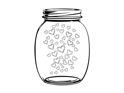 Hand-drawn jar filled with small heart shapes, minimalist love illustration in black and white, isolated on transparent background. Generative AI
