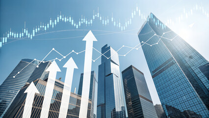 Modern city skyline with tall glass buildings overlaid by upward arrows, line graphs, and candlestick charts symbolizing economic success.