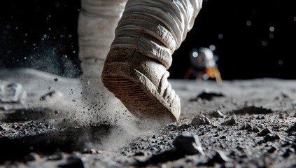 Obraz premium Close-up of astronaut's foot stepping on lunar surface, dust kicking up