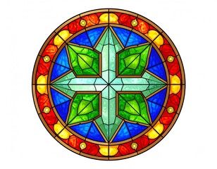 Circular stained glass window design featuring a green cross-like pattern against a blue background, surrounded by red and yellow segments.