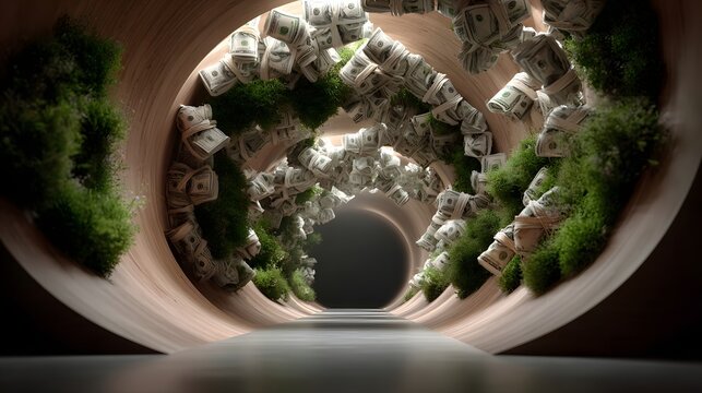 A swirling vortex of US dollar bills flowing through a mysterious dimly lit tunnel representing the power and influence of wealth and the financial system