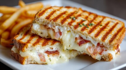 Delicious Grilled Cheese Sandwich with Stretchy Melted Cheese on White Bread and Crispy French Fries