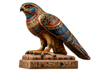 Traditional Egyptian Falcon Statue with Hieroglyphic Base, Frontal Pose, Isolated on Transparent Background PNG
