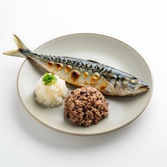 grilled saba fish with grated daikon and brown rice, 45 degree angle on ceramic plate, healthy japanese set for elderly ,isolated on white background