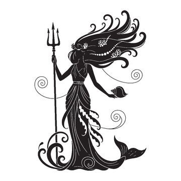 Queenly Amphitrite digital black vector artwork, ideal for portraying the sea goddess's regal nature &ndash; Amphitrite silhouette &ndash; Amphitrite Vector &ndash; Silhouette of Amphitrite &ndash; Greek goddess silhouette

