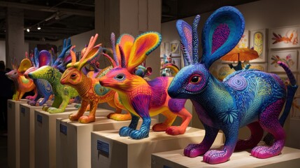Obraz premium Colorful artistic rabbit sculptures art gallery sculpture display urban environment close-up view vibrant creativity