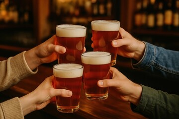 Cheers with frothy beer glasses.