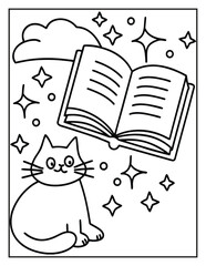 Halloween Cat in Haunted House – Cute and Easy Coloring Page for Kids and Adults | Spooky Indoor Scene with Pumpkins & Ghosts | Print