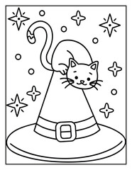 Halloween Cat in Haunted House – Cute and Easy Coloring Page for Kids and Adults | Spooky Indoor Scene with Pumpkins & Ghosts | Print