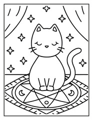 Halloween Cat in Haunted House – Cute and Easy Coloring Page for Kids and Adults | Spooky Indoor Scene with Pumpkins & Ghosts | Print