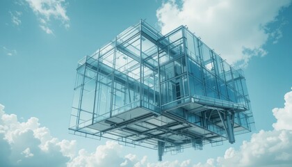 Futuristic floating glass cube structure in the clouds