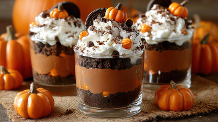 summerween, Halloween, pumpkin patch dirt cups,. Delicious layered dessert in clear glass cups featuring chocolate, pumpkin, and whipped cream topped with festive decorations for autumn celebrations