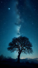 Lone Tree Under Starry Night Sky with Milky Way Glow