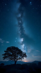 Lone Tree Under Starry Night Sky with Milky Way Glow