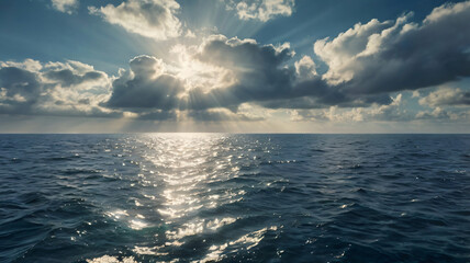 Fototapeta premium Heavenly Sun Rays Piercing Clouds Over the Ocean