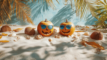 Obraz premium Two cheerful pumpkins wearing sunglasses sit on sandy beach surrounded by seashells and tropical foliage, creating a fun and festive autumn atmosphere with vibrant colors
