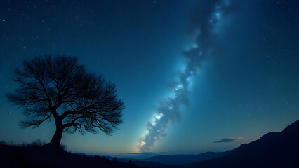 Lone Tree Under Starry Night Sky with Milky Way Glow